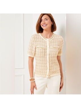 Talbots Cream Tweed Short-Sleeve Cardigan with Gold Accents 2X